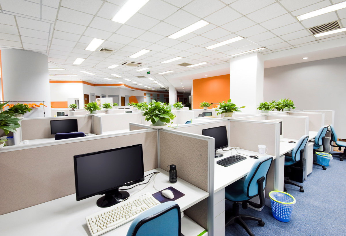 A row of desks within used office cubicles in El Paso.